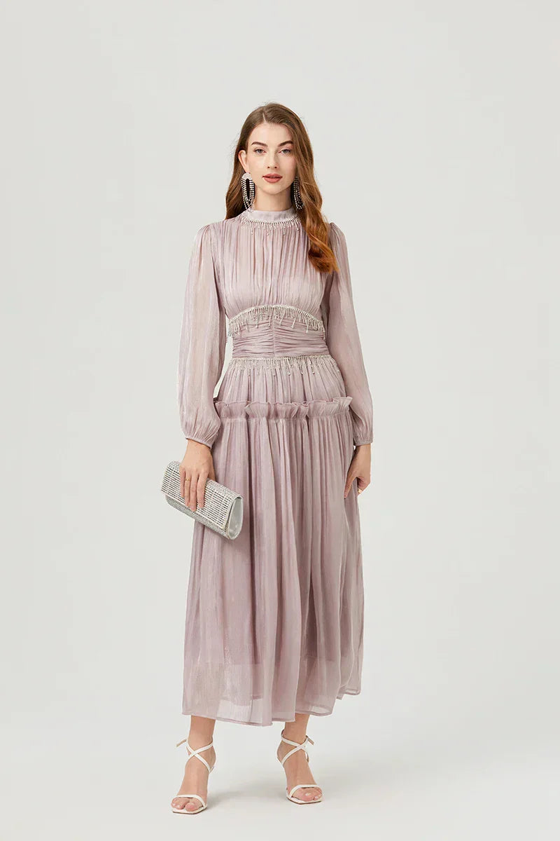 Vestido de Verão SEDA – Luxo Francês, Franjas, Pregas e cristais