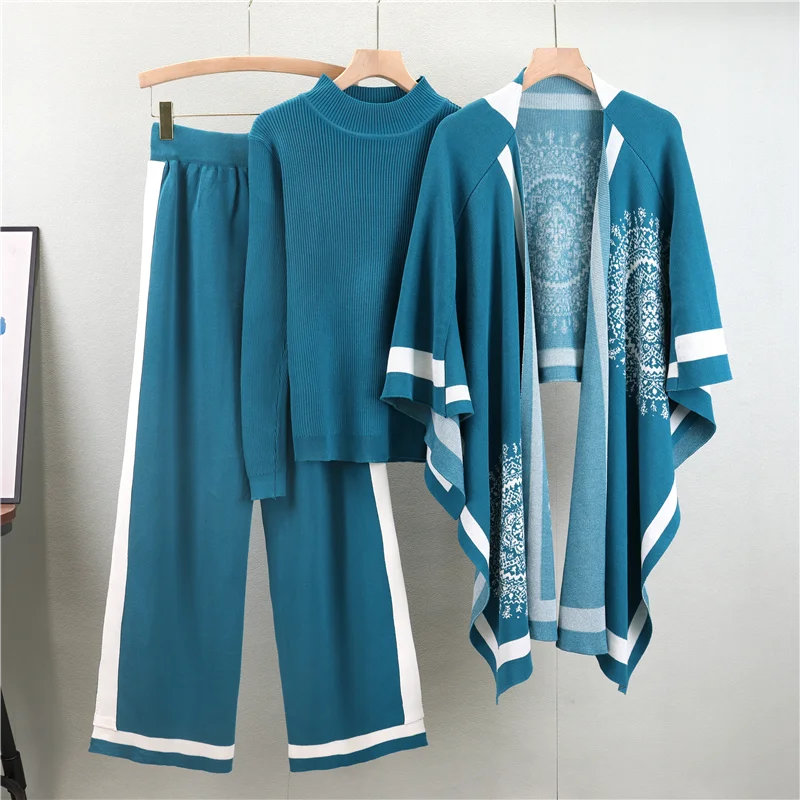 Conjunto Feminino 3 Peças em Tricô – Blusa, Pashmina e Calça Pantalona Cintura Alta