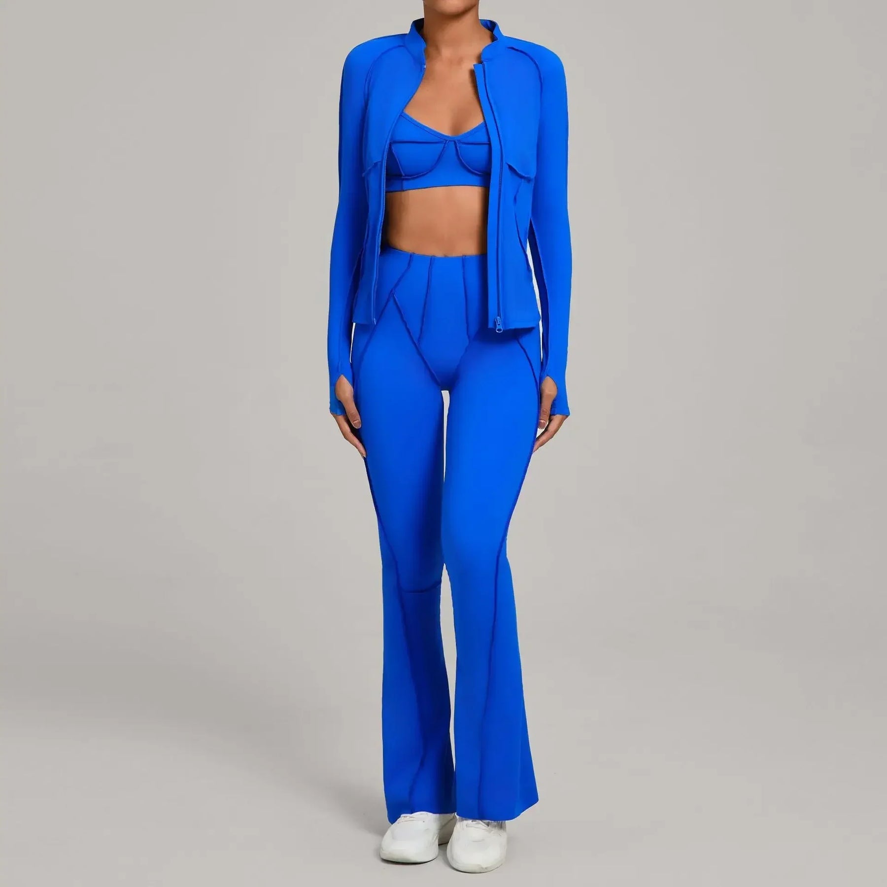 Conjunto Esportivo Feminino 3 Peças – Jaqueta com Zíper + Top + Calça | Yoga, Corrida e Treinos ao Ar Livre