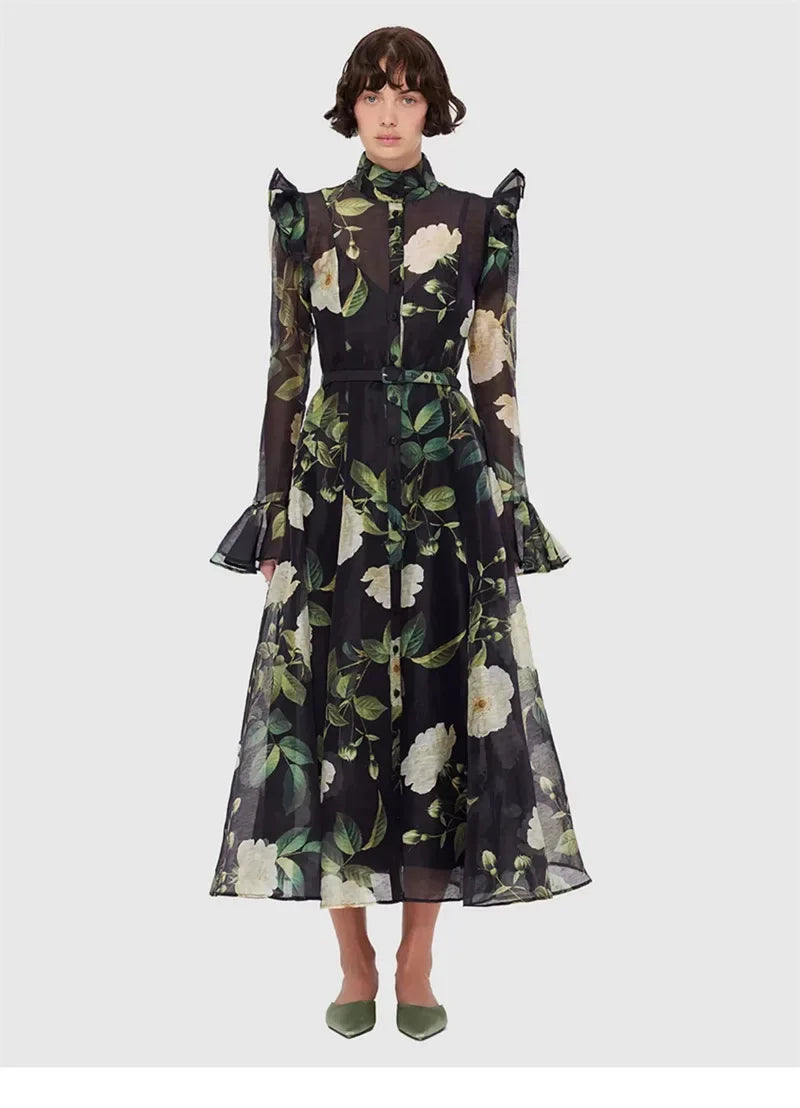 Vestido Longo Floral com Manga Flare – Elegância Atemporal