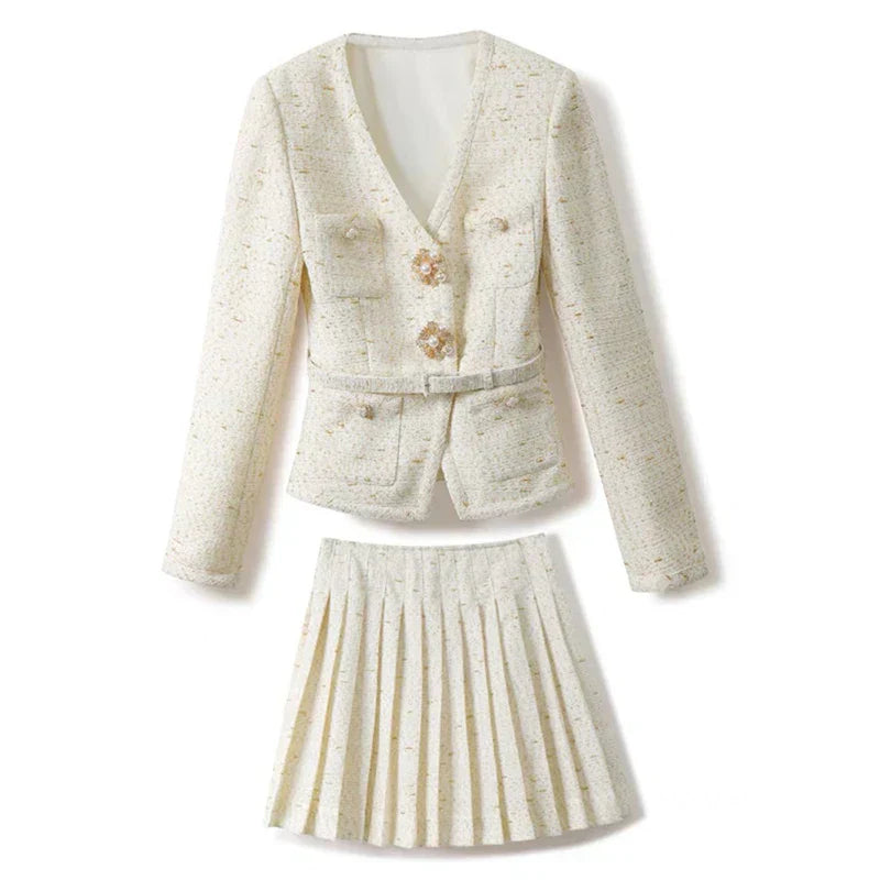 Conjunto de Tweed com Pedrarias – Blazer com Decote V e Saia Plissada de Cintura Alta