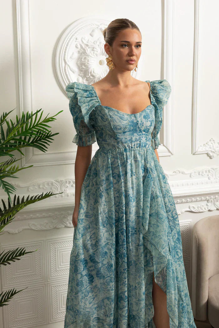 Vestido Runway – Floral Elegante com Mangas Bufantes, Babados em Camadas e Estilo Princesa para Festa