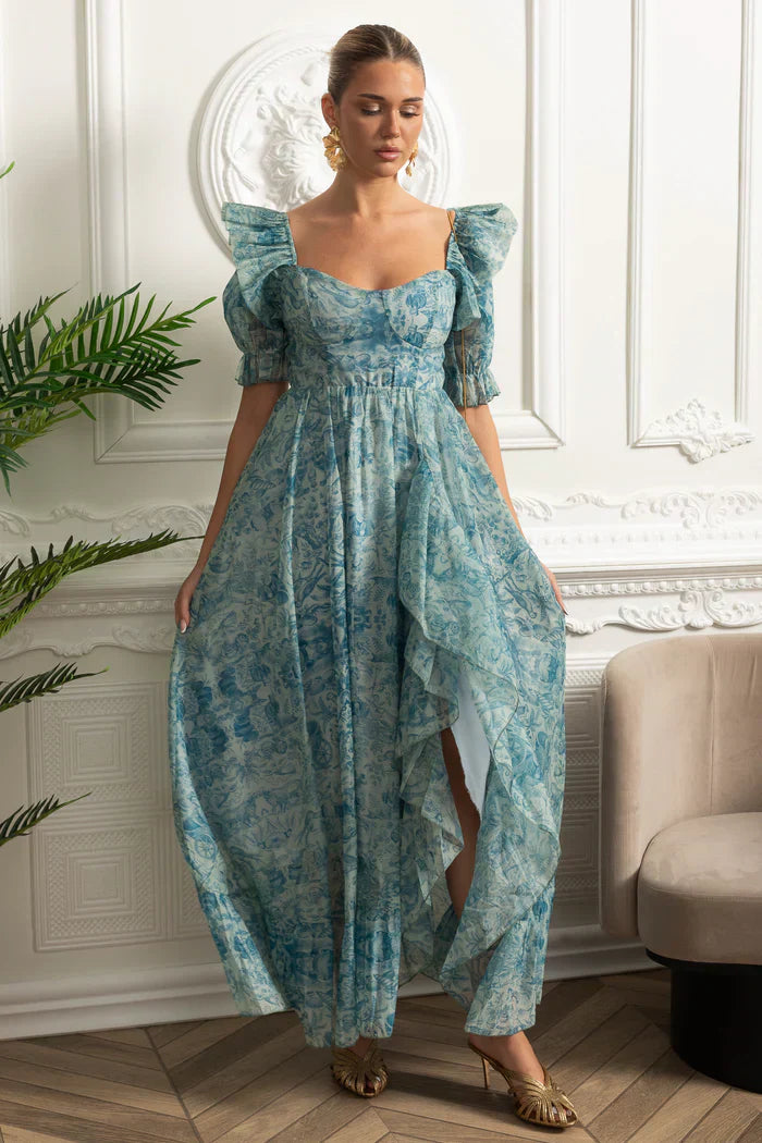 Vestido Runway – Floral Elegante com Mangas Bufantes, Babados em Camadas e Estilo Princesa para Festa