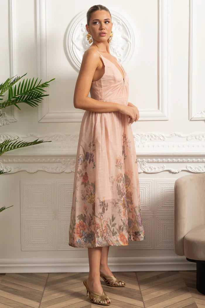 Vestido Midi Estampa de Flores Rosa e Decote V Profundo – Alta Qualidade