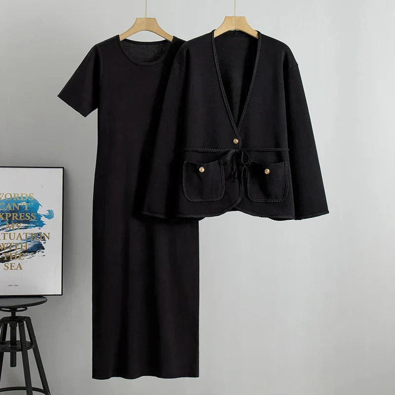 Conjunto Executivo Feminino – Tricô Elegante com Casaco Longo e Saia