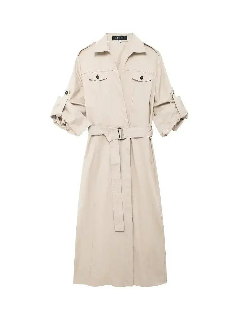 Vestido Chemise Feminino Estilo – Manga Longa, Gola Slim