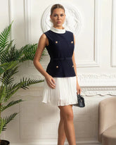 Vestido Curto – Azul em Cetim e Branco em Chiffon, Plissado