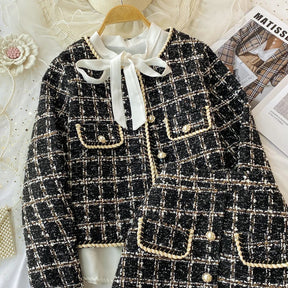 ConjuntoTweed Xadrez – Blazer Manga Longa + Saia A-Line Assimétrica