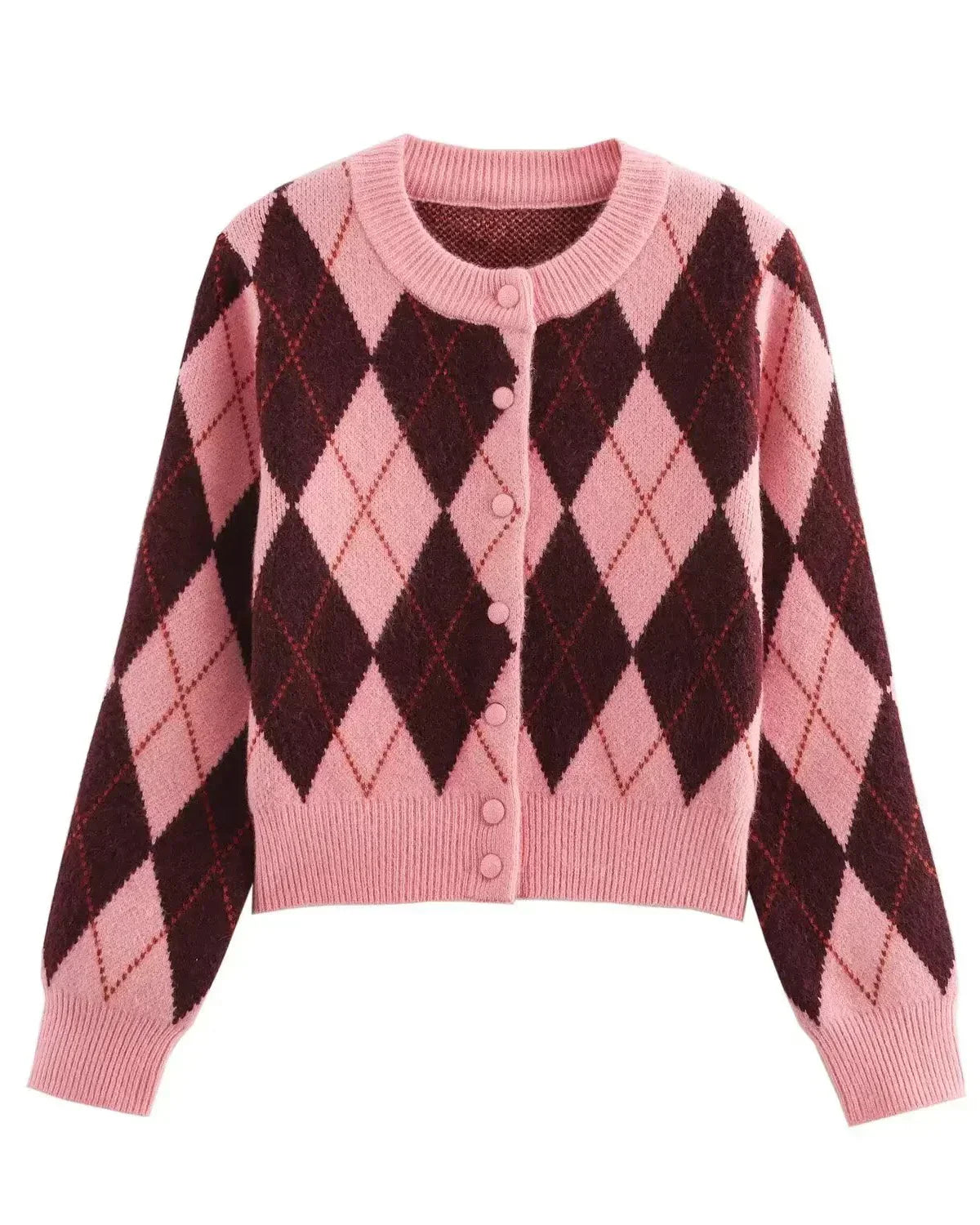 Cardigan Feminino em Tricô Jacquard – Estampa Argyle, Gola Redonda e Botões Frontais