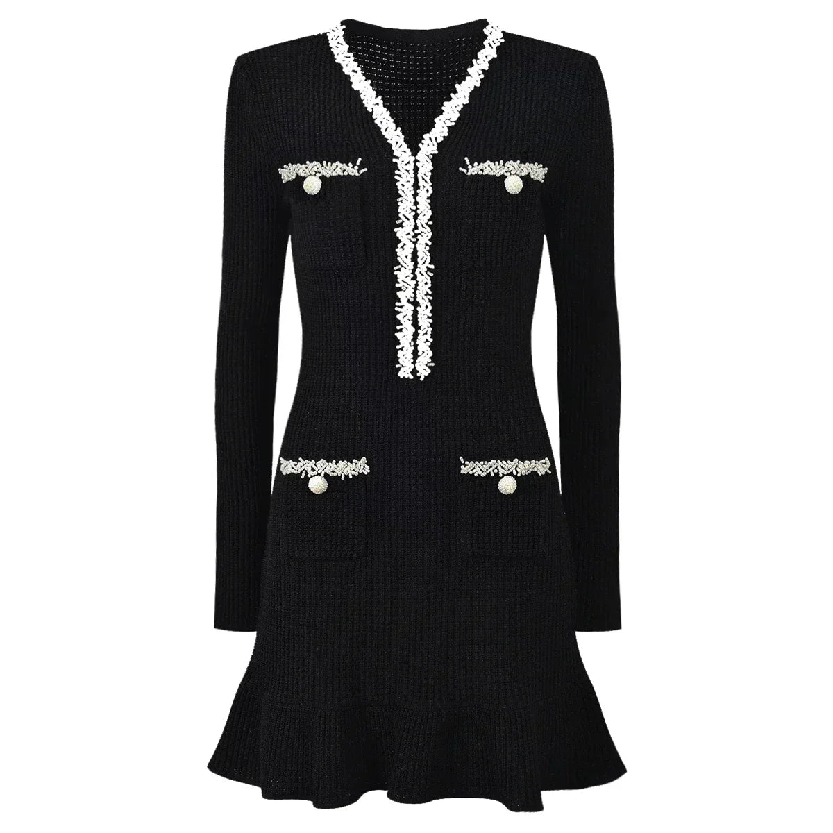 Vestido Bicolor – Decote V, Manga Longa, Slim Fit com Bolsos Bordados