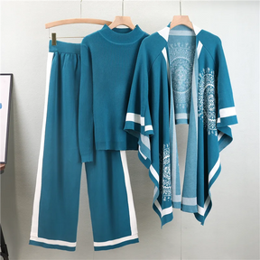 Conjunto Feminino 3 Peças em Tricô – Blusa, Pashmina e Calça Pantalona Cintura Alta