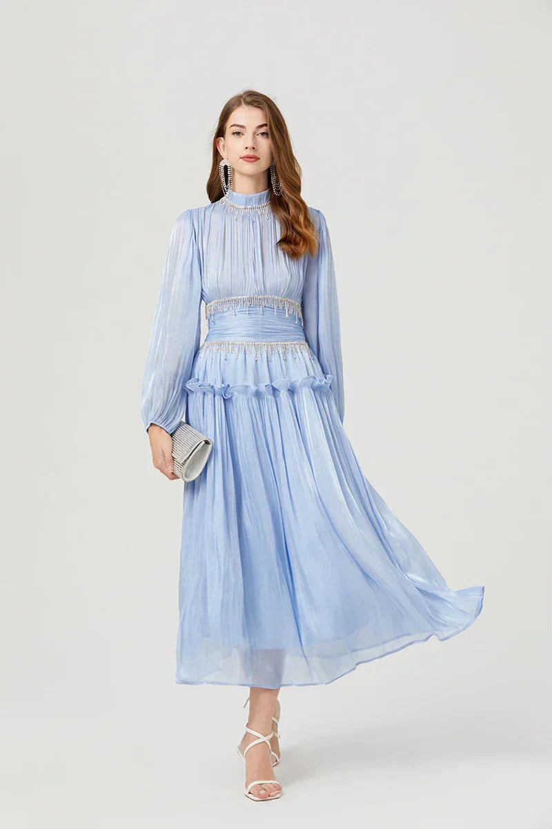 Vestido de Verão SEDA – Luxo Francês, Franjas, Pregas e cristais