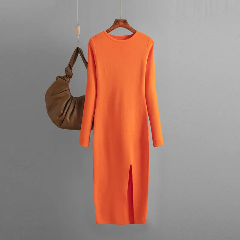 Vestido Suéter Feminino Inverno – Midi Justo em Tricô Grosso