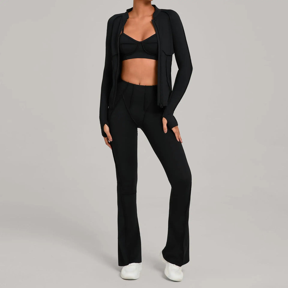 Conjunto Esportivo Feminino 3 Peças – Jaqueta com Zíper + Top + Calça | Yoga, Corrida e Treinos ao Ar Livre