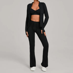 Conjunto Esportivo Feminino 3 Peças – Jaqueta com Zíper + Top + Calça | Yoga, Corrida e Treinos ao Ar Livre