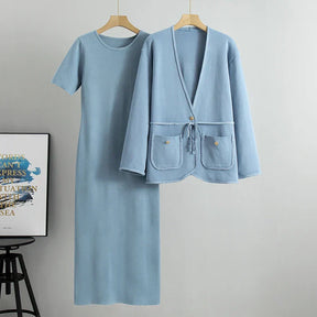 Conjunto Executivo Feminino – Tricô Elegante com Casaco Longo e Saia