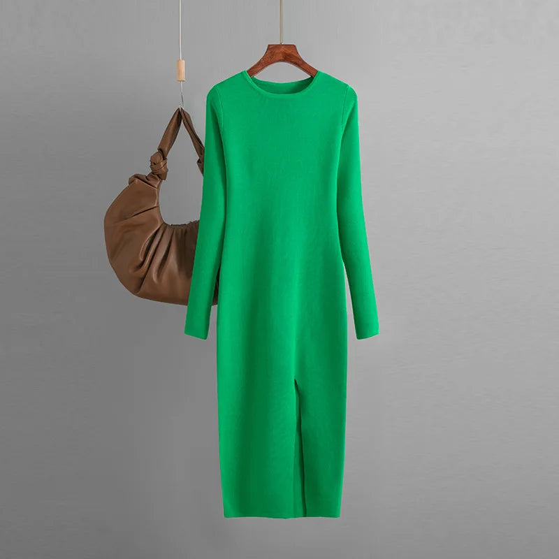 Vestido Suéter Feminino Inverno – Midi Justo em Tricô Grosso
