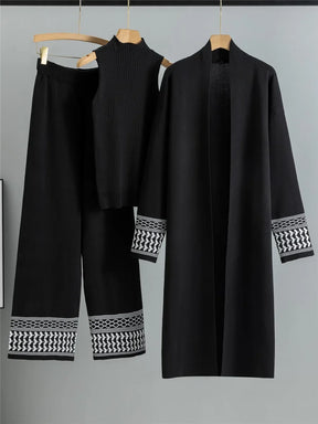 Conjunto Feminino 3 Peças de Tricô – Colete, Cardigan Longo e Calça Pantalona
