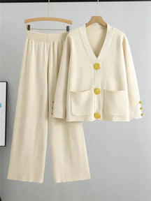 Conjunto Feminino Elegante em Tricô – Cardigan de Botões e Calça de Cintura Alta com Perna Larga