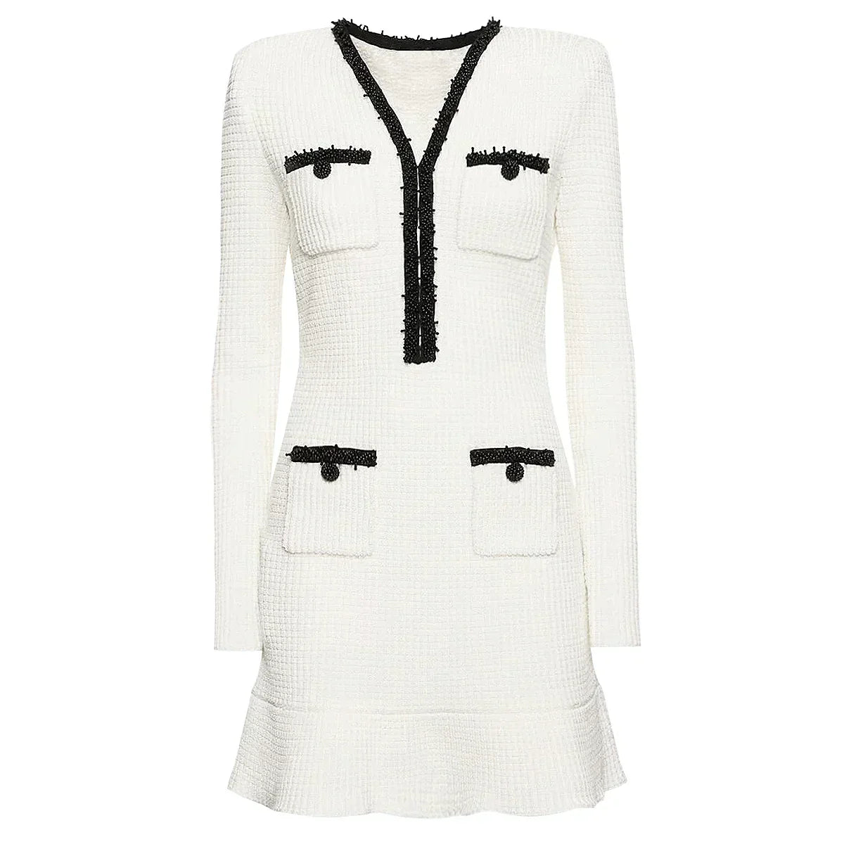 Vestido Bicolor – Decote V, Manga Longa, Slim Fit com Bolsos Bordados