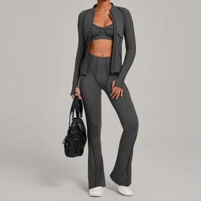 Conjunto Esportivo Feminino 3 Peças – Jaqueta com Zíper + Top + Calça | Yoga, Corrida e Treinos ao Ar Livre