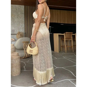 Conjunto de Biquíni com Saia de Praia e Franjas de Crochê