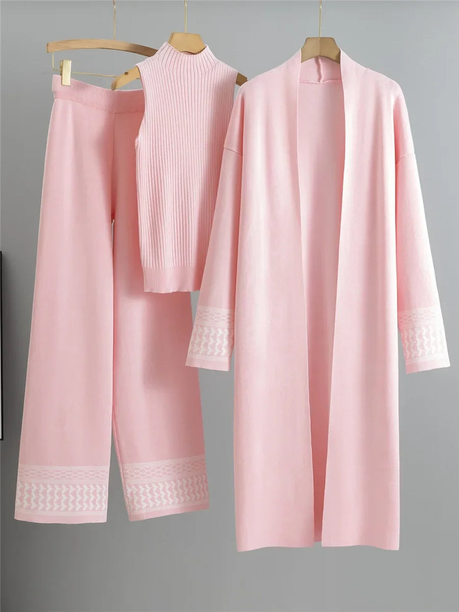 Conjunto Feminino 3 Peças de Tricô – Colete, Cardigan Longo e Calça Pantalona