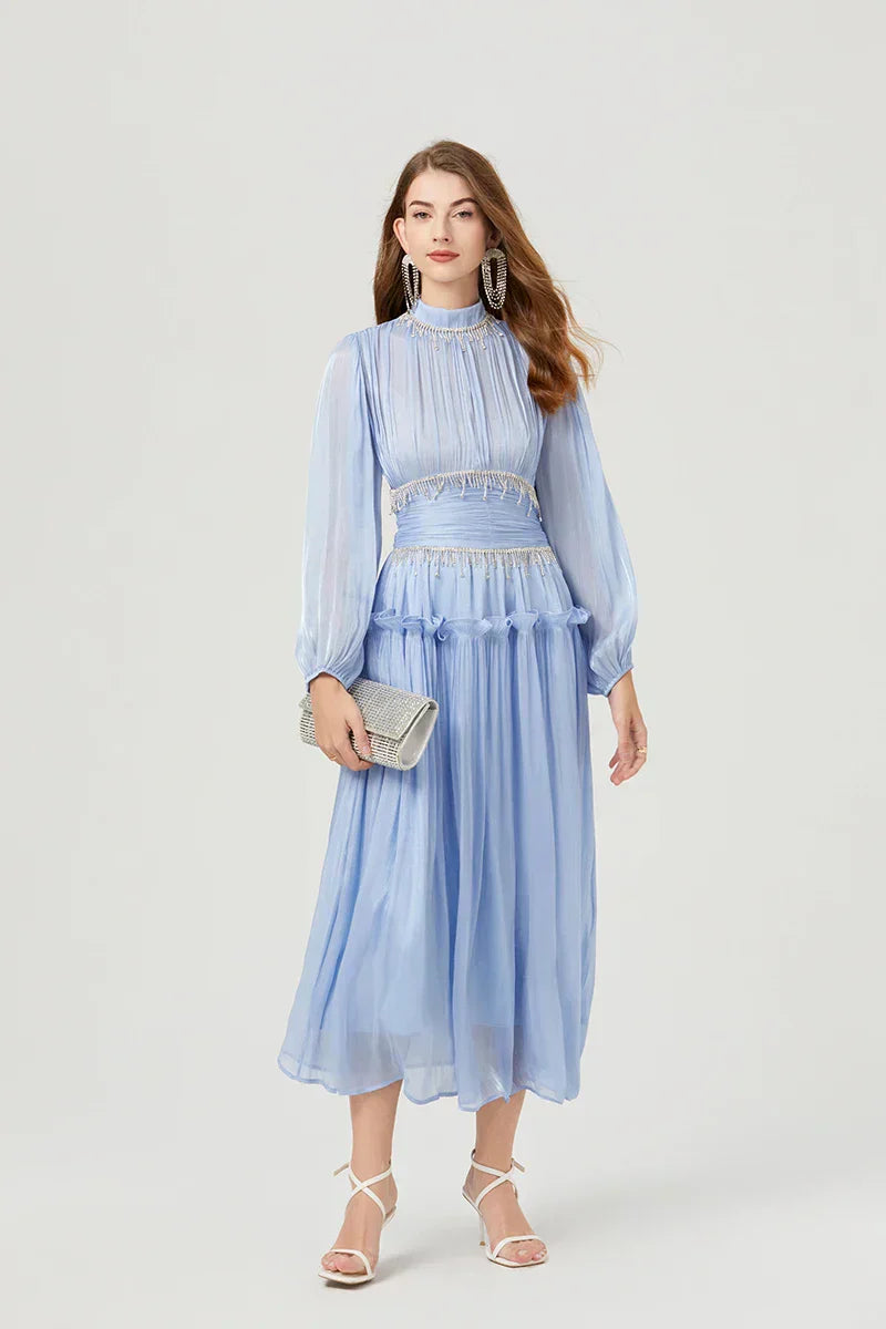 Vestido de Verão SEDA – Luxo Francês, Franjas, Pregas e cristais