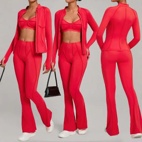 Conjunto Esportivo Feminino 3 Peças – Jaqueta com Zíper + Top + Calça | Yoga, Corrida e Treinos ao Ar Livre