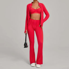 Conjunto Esportivo Feminino 3 Peças – Jaqueta com Zíper + Top + Calça | Yoga, Corrida e Treinos ao Ar Livre