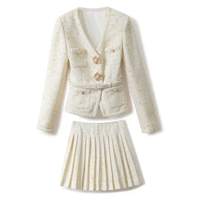Conjunto de Tweed com Pedrarias – Blazer com Decote V e Saia Plissada de Cintura Alta