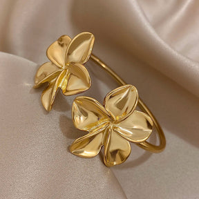 Bracelete de Aço Inoxidável  Dupla Flor  - Bracelete Floral Metal Dourado, à Prova D'Água, Joia para Festa