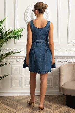 Vestido Feminino – Elegante Slim, Decote Quadrado, Sem Manga, Cintura Alta, Botões Decorativos, Estilo Sofisticado