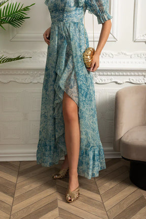 Vestido Runway – Floral Elegante com Mangas Bufantes, Babados em Camadas e Estilo Princesa para Festa