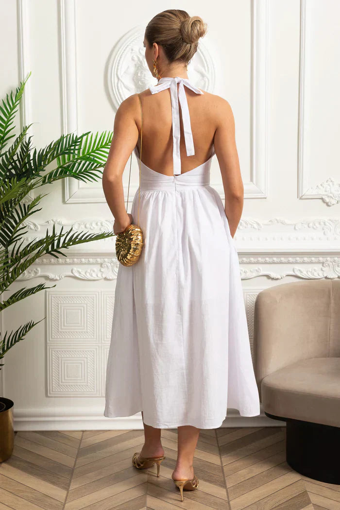 Vestido Longo em Algodão – Decote V, Alças Finas e Cintura Marcada – Estilo Oversized