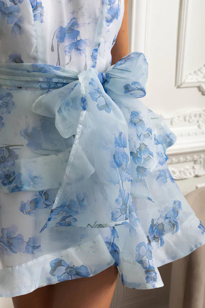 Vestido – Estilo Elegante, Estampa Floral, Decote Halter, Costas Abertas, Modelagem Justa, Saia em Camadas, Mini Vestido para Festa ou Praia