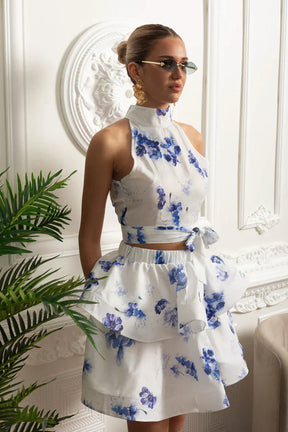 Conjunto – Top Estampado Sem Mangas  + Saia Curta Plissada de Cintura Alta