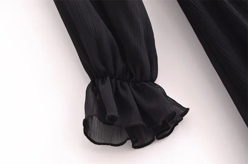 Vestido Elegante com Decote V – Babados, Manga Longa Lanterna e Detalhe em Renda com Laço