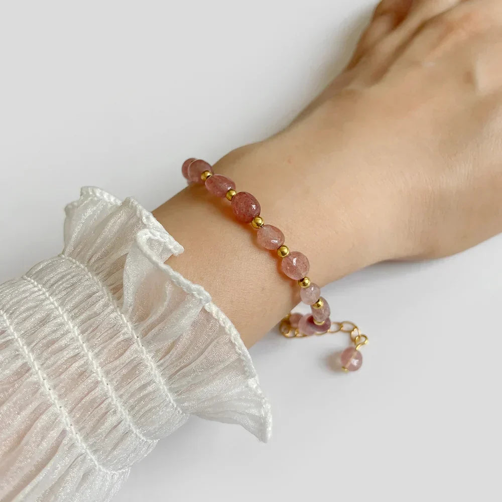 Pulseiras Pedras Naturais (Quartzo Rosa, Ágata) com Corrente Dourada, Estilo Bangle