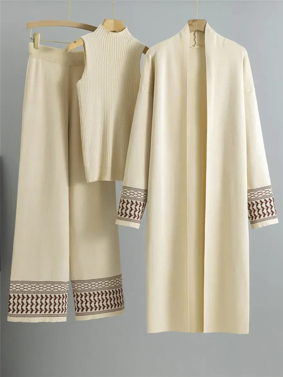 Conjunto Feminino 3 Peças de Tricô – Colete, Cardigan Longo e Calça Pantalona