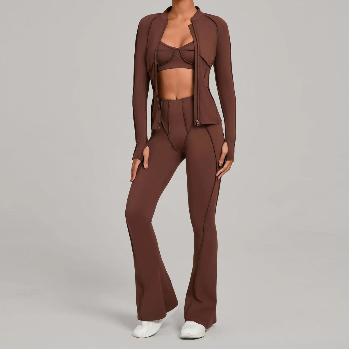 Conjunto Esportivo Feminino 3 Peças – Jaqueta com Zíper + Top + Calça | Yoga, Corrida e Treinos ao Ar Livre