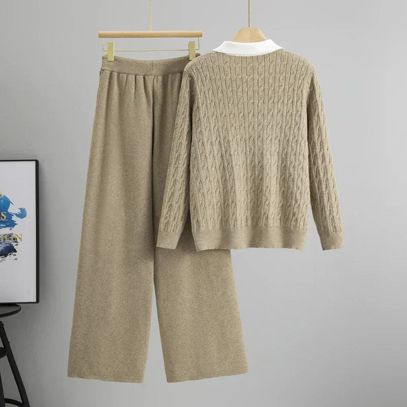 Conjunto Feminino Outono – Blusa Gola Lapela Estilo Camadas com Calça de Cintura Alta
