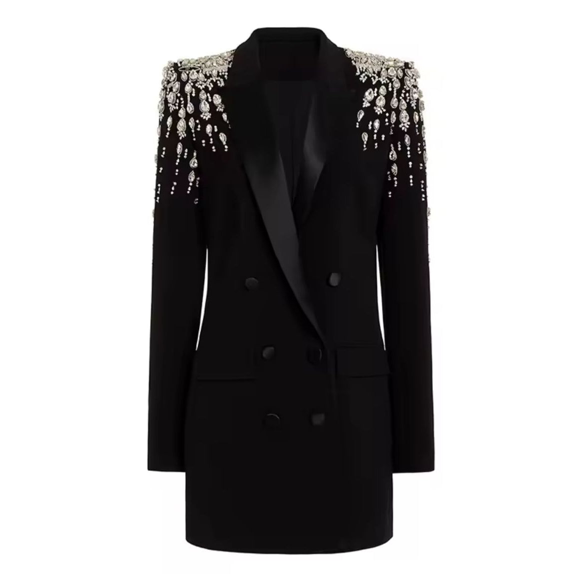 Blazer Longo com Botões Duplos e Aplique de Pedrarias – Bordado à Mão